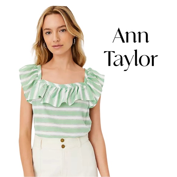 Ann Taylor Tops - Ann Taylor Green/White Striped Ruffle Square Neck Top Sz S EUC